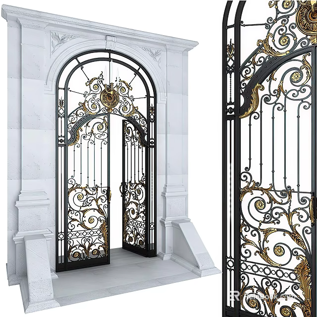 Elegant Black Iron Entrance Gate With Golden Ornaments Arched Design And White Marble Frame 3d model 