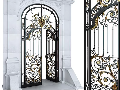 Elegant Black Iron Entrance Gate With Golden Ornaments Arched Design And White Marble Frame 3d model