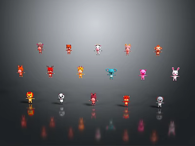 Colorful Cartoon Game And Movie Characters With Unique Designs Different Colors And Gray Background Reflections 3d model