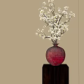 Red Vase with White Flowering Branches on Dark Square Pedestal in Soft Light and Shadow
