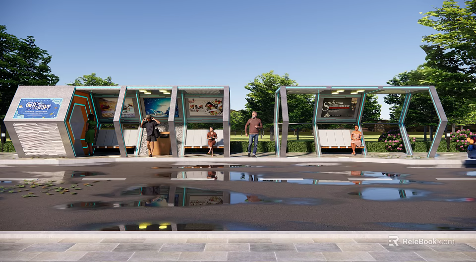 Contemporary Road Facilities Featuring Glass Bus Shelters Seats Trees And Pedestrians On Reflective Urban Ground 3d model 