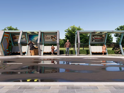 Contemporary Road Facilities Featuring Glass Bus Shelters Seats Trees And Pedestrians On Reflective Urban Ground 3d model