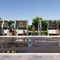 Contemporary Road Facilities Featuring Glass Bus Shelters Seats Trees And Pedestrians On Reflective Urban Ground