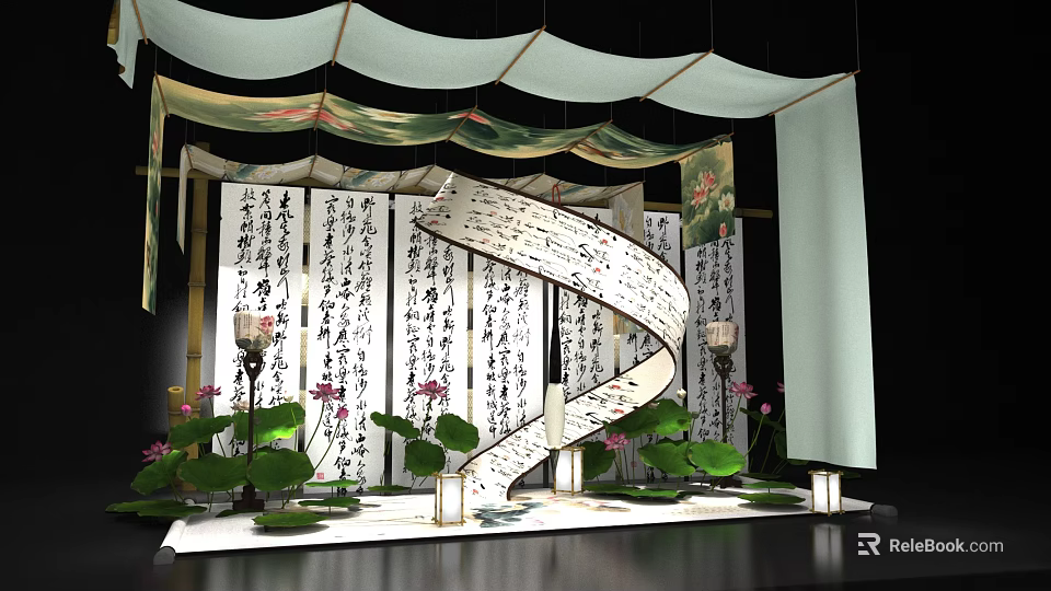 Traditional Chinese Decorative Scene With Calligraphy Scrolls Lotus Flowers And Spiral Structure 3d model 