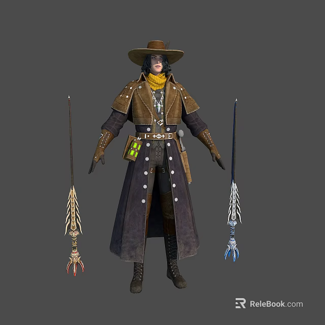 Fantasy Western Character In Brown Coat With Biological Weapon Feather And Claw Designs 3d model 