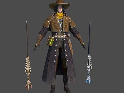 Fantasy Western Character In Brown Coat With Biological Weapon Feather And Claw Designs 3d model