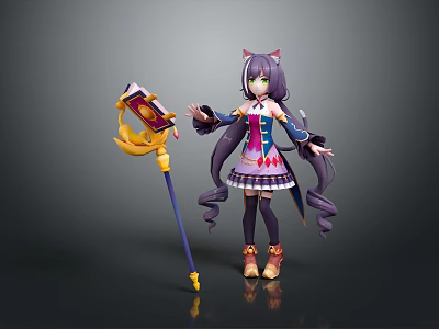 Anime Game Character with Cat Ears Purple Long Hair Purple Blue Dress and Yellow Staff 3d model