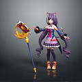 Anime Game Character with Cat Ears Purple Long Hair Purple Blue Dress and Yellow Staff