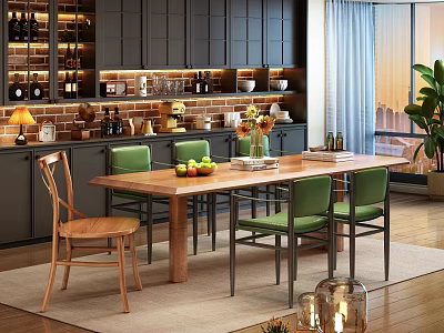 Wooden Dining Table With Green Chairs Fruits And Vase In Modern Kitchen With Black Cabinets 3d model