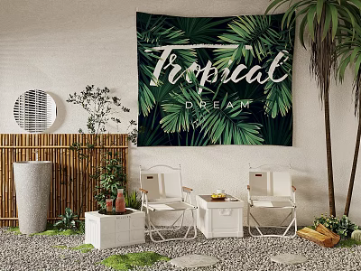 White Folding Chairs And Small Table Set In Tropical Tapestry Bamboo Plants Pebble Floor 3d model
