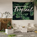 White Folding Chairs And Small Table Set In Tropical Tapestry Bamboo Plants Pebble Floor
