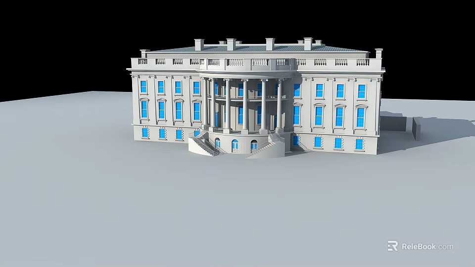 European Architecture Building With White Facade Blue Windows And Front Columns 3d model 