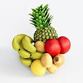 Assorted Fresh Fruits Including Pineapple Banana Tomato Lemon and Longan Stacked on White Background