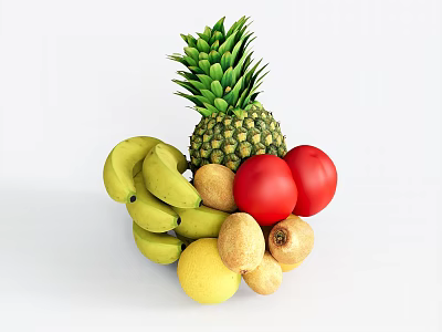 Assorted Fresh Fruits Including Pineapple Banana Tomato Lemon and Longan Stacked on White Background 3d model