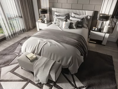 Double Bed With Gray Headboard Plush Pillows Cozy Bedding Nightstands Table Lamps And Geometric Rug 3d model