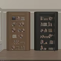 Two Stylish Decorative Cabinets Wooden And Black Displaying Pottery Figurines And Books