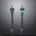 Vintage Street Lamps With Silver Poles Blue Shades Spire Decorations And Carved Bases