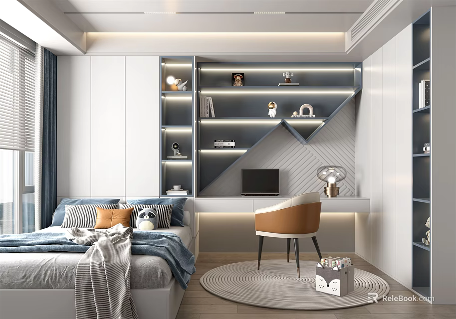 Modern Minimalist Tatami Bedroom With Built in Bookshelves Study Desk And Round Rug 3d model 