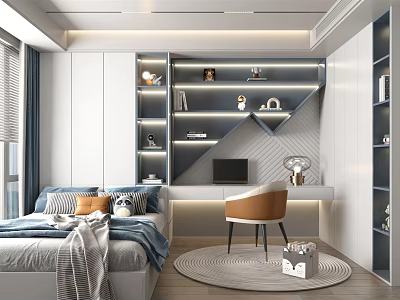 Modern Minimalist Tatami Bedroom With Built in Bookshelves Study Desk And Round Rug 3d model