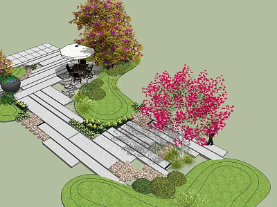 Garden Stepping Stones Path With Red Pink Blooming Trees And Lush Greenery 3d model