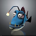 Cartoon Blue Fish With Glowing Lure Big Eyes Red Fin Sharp Teeth And Pink Fins