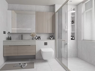 Modern Bathroom Interior With Large Mirror Wooden Vanity Smart Toilet And Glass Shower 3d model