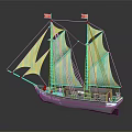 Sailboat Model With Turquoise Sails Multiple Masts White Hull And Decorative Windows 3d model