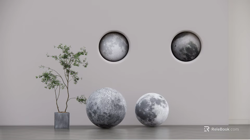 Modern Moon Shaped Floor Lamp With Gray Wall And Small Potted Tree 3d model 