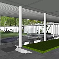 MOSAIC CENTER Main Entrance Gate with Modern White Columns and Outdoor Seating Area Amid Greenery