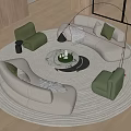 Modern Curved White Sofa with Green Armchairs and Round Coffee Table Set on Rug
