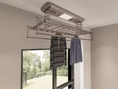 Ceiling Mounted Clothes Drying Rack With Hanging Clothes Near Window And Green Outdoor View 3d model