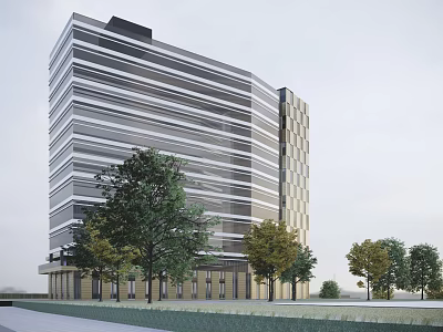 Modern High Rise Building With Glass Curtain Wall And Surrounding Trees 3d model
