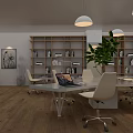 Modern Office Interior With White Bookshelves Laptop On Desk Wooden Floor And Chairs