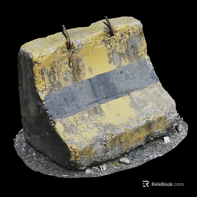 Worn Concrete Barrier With Yellow Gray Stripes And Gravel Base 3d model 