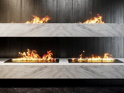 Modern Marble Fireplace Design With Double Tiered Burning Flames And Dark Wall 3d model