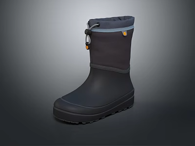 Black Mid Calf Boots With Rubber Sole Laces Gray Trim And Yellow Button Details 3d model