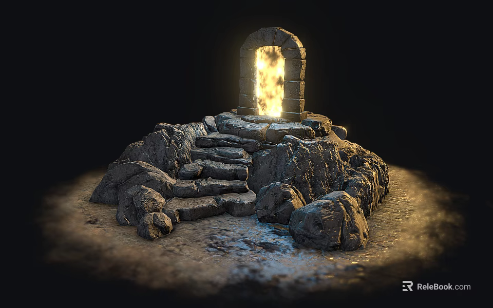 Ancient Stone Archway With Glowing Fire And Stone Steps Surrounded By Rocks 3d model 