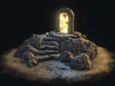 Ancient Stone Archway With Glowing Fire And Stone Steps Surrounded By Rocks 3d model