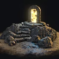 Ancient Stone Archway With Glowing Fire And Stone Steps Surrounded By Rocks 3d model