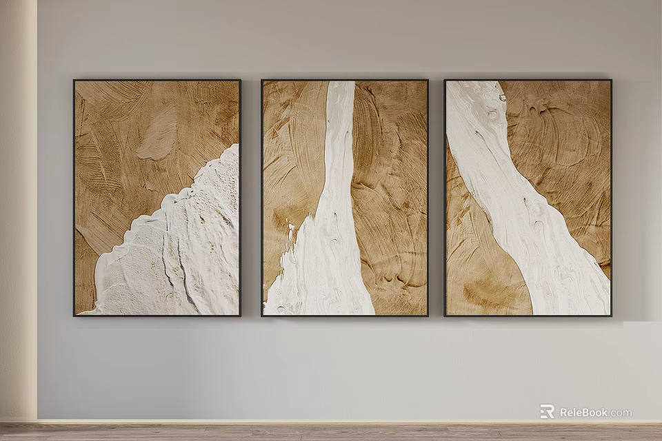 Three Abstract Textured Wall Art Paintings With Brown And White Patterns In Black Frames 3d model