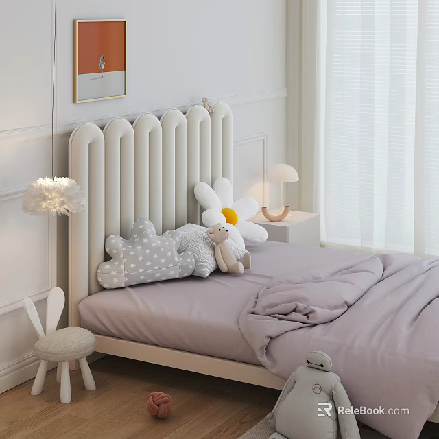 Adorable Kids Bed with White Ribbed Headboard Gray Star Pillows Plush Toy and Nightstand Lamp 3d model 