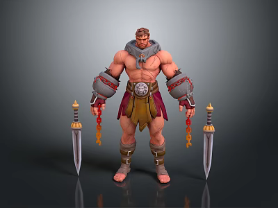 Muscular Ancient Warrior Character With Arm Guards And Decorative Swords 3d model