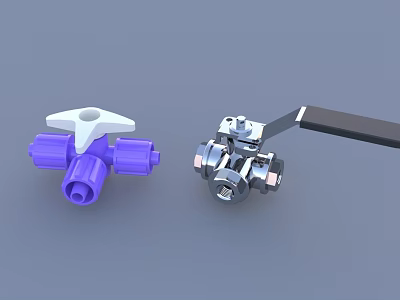 Purple and Silver Pipe Fittings Featuring White and Black Handles Valve Design 3d model
