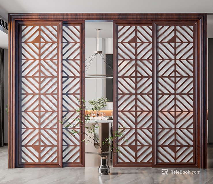 Dark Wood Sliding Doors with Geometric Cutout Patterns for Light Transmitting Space Division Modern Style 3d model 