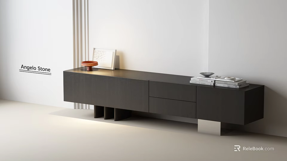 Modern Minimalist TV Stand With Stone Top Red Bowl Photo Frame And Books 3d model 