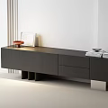 Modern Minimalist TV Stand With Stone Top Red Bowl Photo Frame And Books