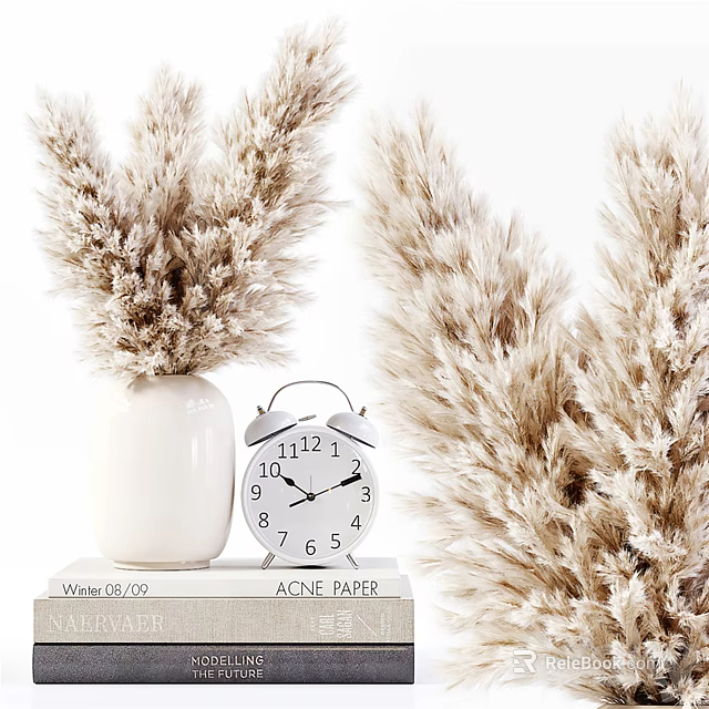 White Vase with Pampas Grass Alarm Clock on Books White Background Home Decor 3d model 