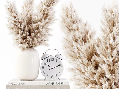 White Vase with Pampas Grass Alarm Clock on Books White Background Home Decor 3d model