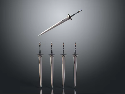Medieval Swords Display With Floating And Four Standing Blades On Gray Background 3d model