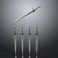 Medieval Swords Display With Floating And Four Standing Blades On Gray Background